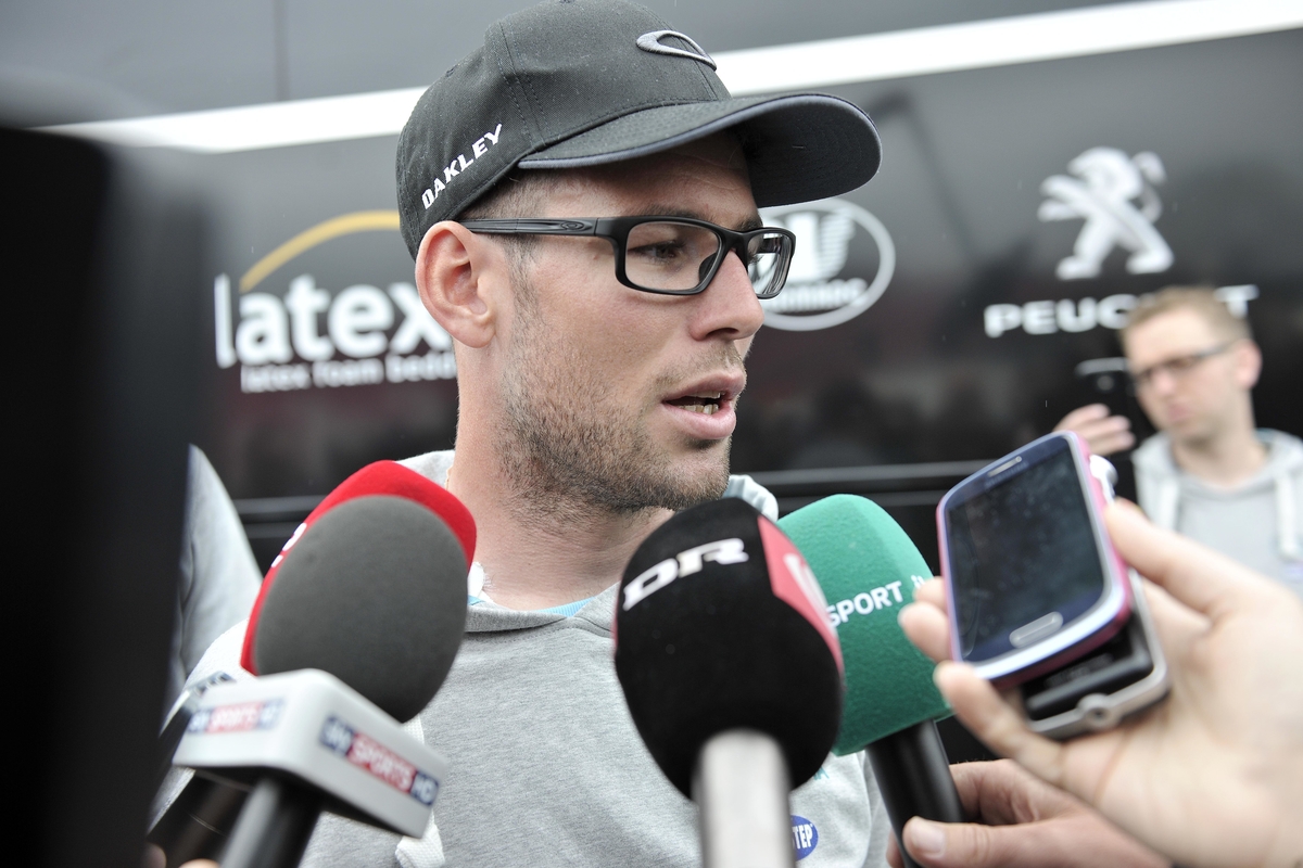 Mark Cavendish, Tour de France, press conference, injury, stage one, 2014, pic: Simon Wilkinson/SWpix.com