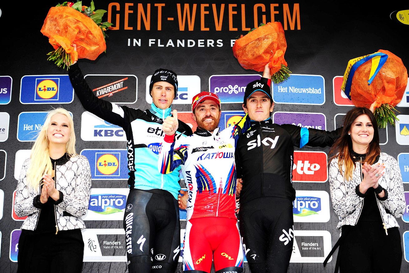 Geraint Thomas, Team Sky, 2015, Gent-Wevelgem, podium, Niki Terpstra, Luca Paolini, pic: Sirotti