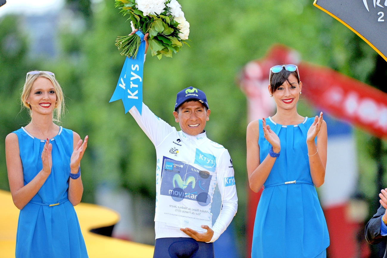 Nairo Quintana, Movistar, Tour de France, podium, 2015, white jersey, pic - Sirotti