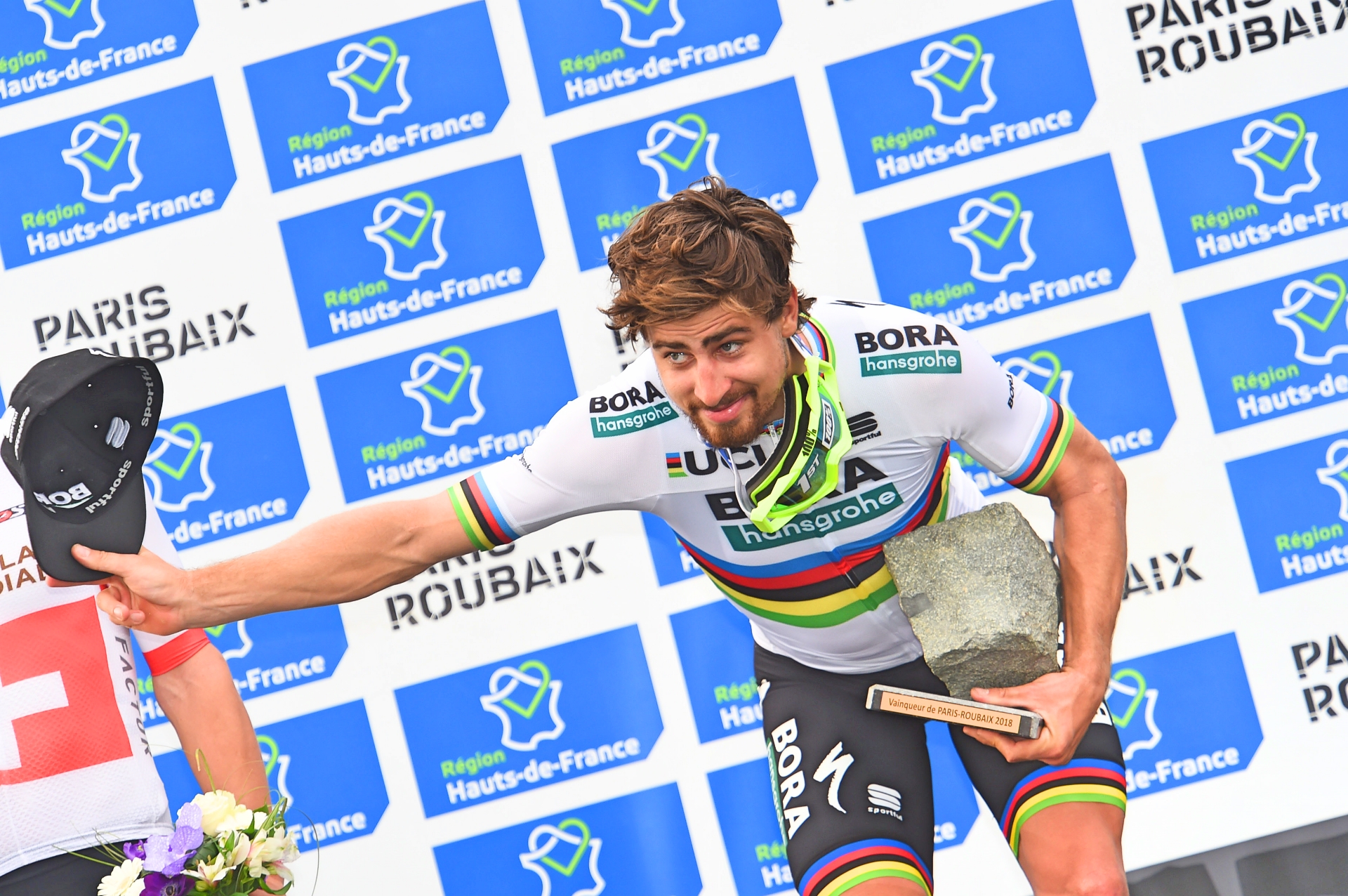 Peter Sagan, world champion, podium, Paris-Roubaix, 2018, pic - Sirotti
